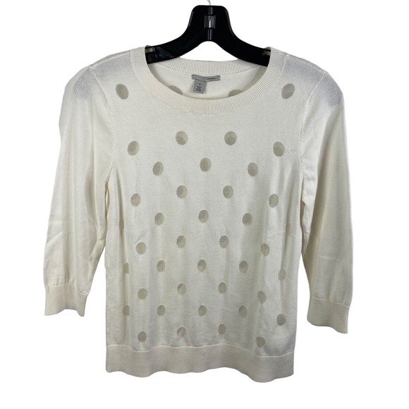 Halogen Sweater‎ pullover knit top sz XS white sheer polka dot 3/4 sleeve crew - Picture 1 of 5